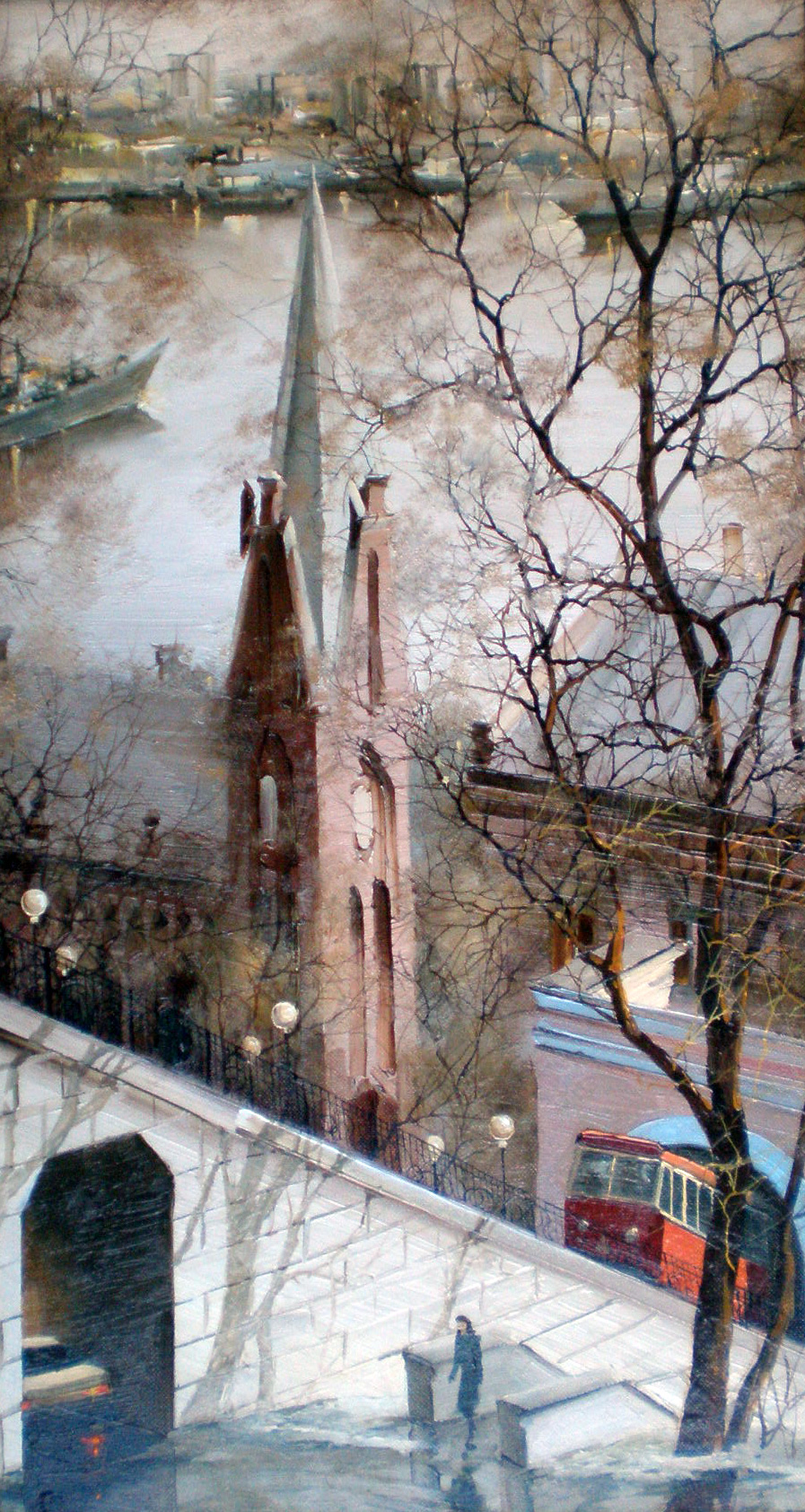 Фуникулер во Владивостоке. На заднем плане Лютеранская кирха, старейшее здание города. Картина Юрия Редозубова